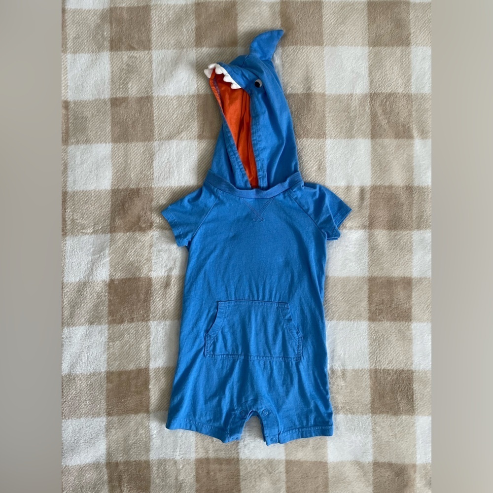 Carters blue and orange shark hooded short sleeve romper 24 months